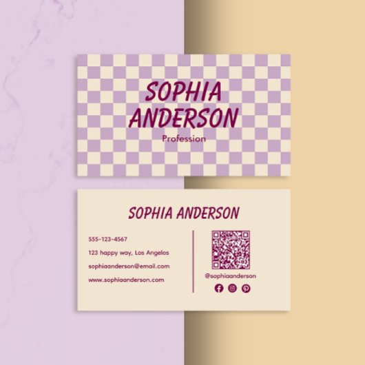 Elegante crème en Paarse geruit - Qr-code Visitekaartje