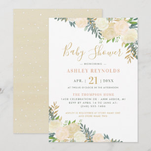 Elegante Crème Gouden Bloemige Groene Baby Shower Kaart