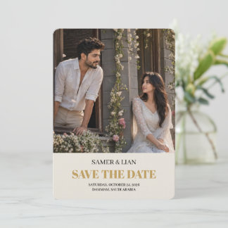 Elegante Crème Gouden Foto Huwelijk Save The Date Bedankkaart