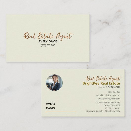 Elegante Crème & Script Makelaar Visitekaartje (Voorkant / Achterkant)
