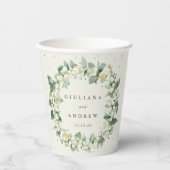 Elegante Crème Snowberry+Eucalyptus Krans Bruiloft Papieren Bekers (Voorkant)