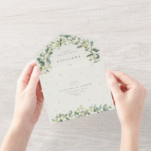 Elegante Crème Snowberry+Eucalyptus Winter Bruilof All In One Uitnodiging (Opening)