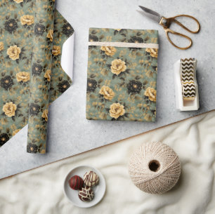 Elegante Crème & Zwarte Rozen op Sage Green & Gold Cadeaupapier
