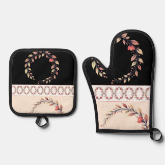 Elegante crèmekleurige rozenklei en zwart ovenwant & pannenlap set