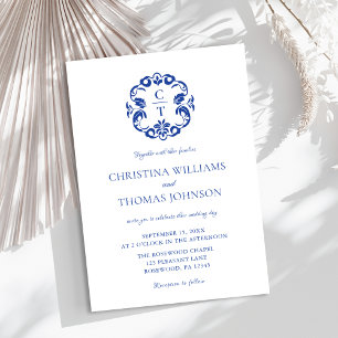 Elegante Crest Blue Huwelijksuitnodiging Kaart