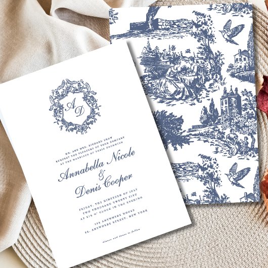Elegante Crest Blue Toile Wedding Kaart