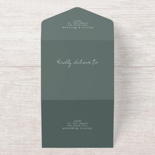 Elegante Crest Monogram Script Sage Wedding All In One Uitnodiging (Buiten)