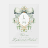 Elegante Crest w / Groene Bow Bruiloft Welkom Acryl Bord (Voorkant)