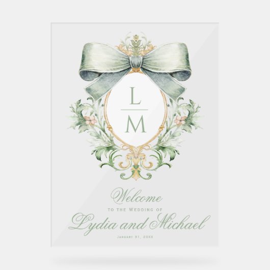 Elegante Crest w / Groene Bow Bruiloft Welkom Acryl Bord (Voorkant)