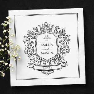 Elegante Crest Zwart en Wit Papieren Huwelijk Servet