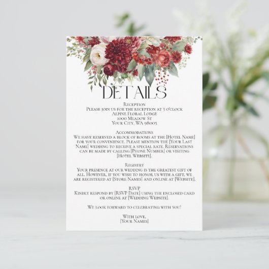 Elegante Crimson Red Cream Bloemen Trouwdetails Informatiekaartje (Staand voorkant)