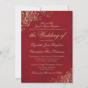 Elegante Crimson Red & Gold formele bruiloft Kaart