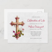 Élégante Croix avec Fleurs roses Invitation commém (Devant / Derrière)