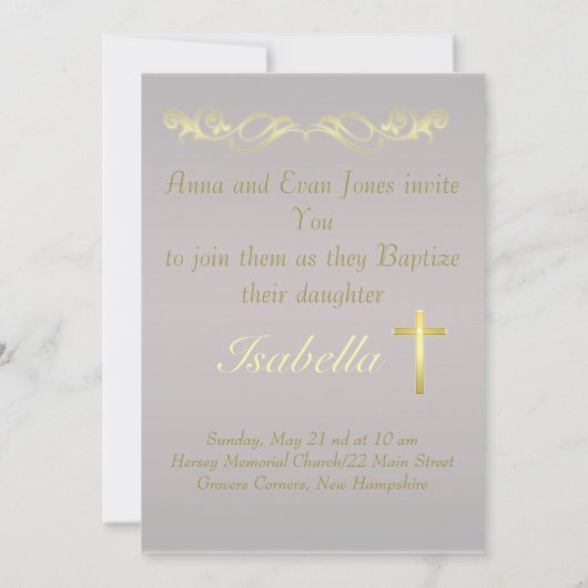 Elégante Croix d'or Baptême Christening Invitation (Dos)