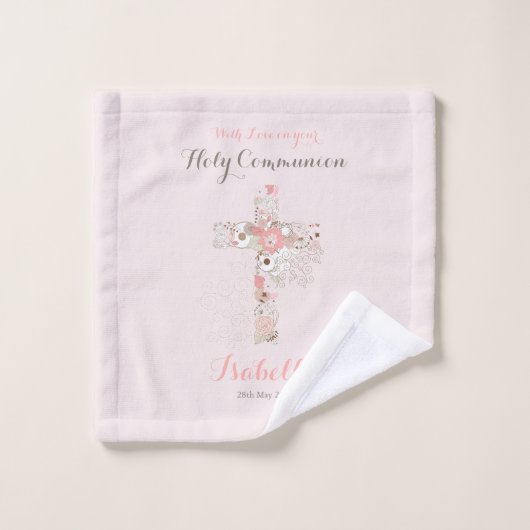 Élégante croix florale de communion rose-rousse (Gant de toilette)