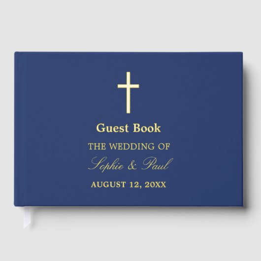 Elegante Cross Echte Folie Navy Blue Wedding Gastenboek (Voorkant)