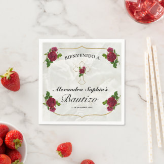 Elegante Cruz Dorada Rosas Rojas Niñas Bautizo Servet