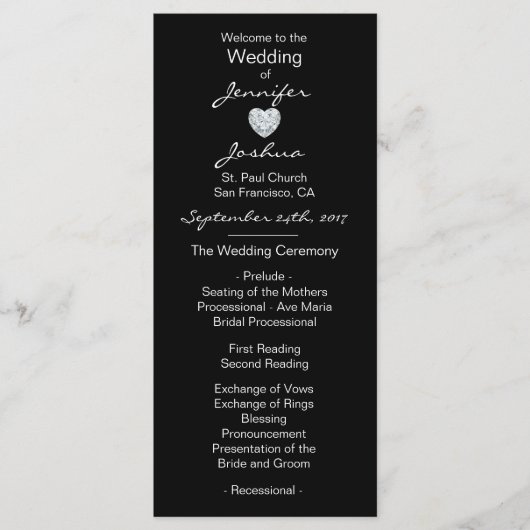 Elegante Custom Black Heart Wedding Programma's (Voorkant)