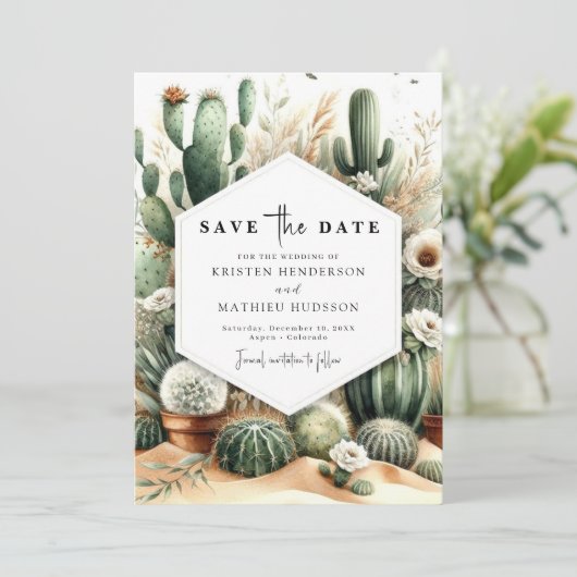Elegante Custom Cactus bruiloft Save The Date (Staand voorkant)
