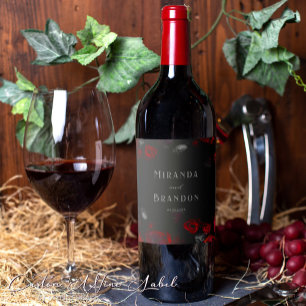 Elegante Custom Zwart en Rood Bloemen Gotische Bru Wijn Etiket