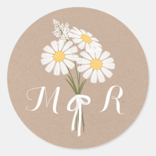 Elegante Daisies Monogram Initiaal Beige Bruiloft Ronde Sticker