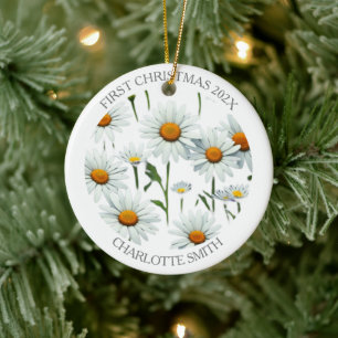 Elegante Daisy Boho Bloemen Eerste Kerstmis Keramisch Ornament
