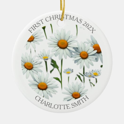 Elegante Daisy Boho Bloemen Eerste Kerstmis Keramisch Ornament (Voorkant)