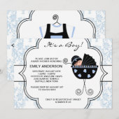 Elegante Damask Blue Black Baby Boy Shower Kaart (Voorkant / Achterkant)