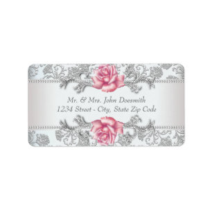 Elegante Damask en Roze Rose Adresetiketten Etiket