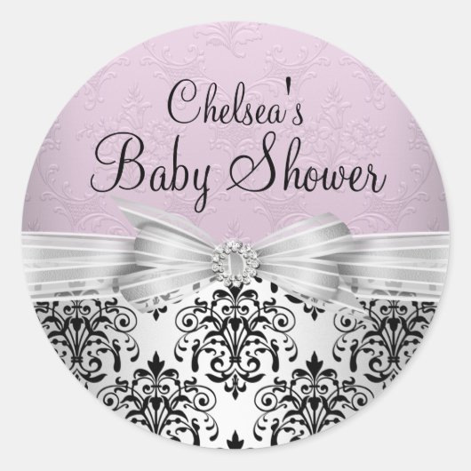 Elegante Damask Roze Baby showers Sticker (Voorkant)