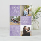 Elegante Damask Three Fotocollage | Paars Save The Date (Staand voorkant)
