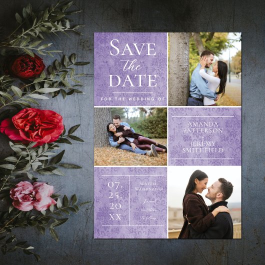 Elegante Damask Three Fotocollage | Paars Save The Date