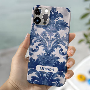 Elegante damast Blauwe toile de jouy monogram Case-Mate iPhone 14 Hoesje