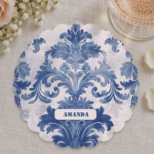 Elegante damast Blauwe toile de jouy monogram Kartonnen Onderzetters