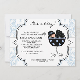 Elegante Damast Blauwe Zwarte Baby Shower voor Jon Kaart