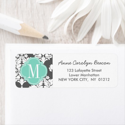 Elegante Damast Charcoal & Aqua Custom Monogrammed Etiket (Insitu)