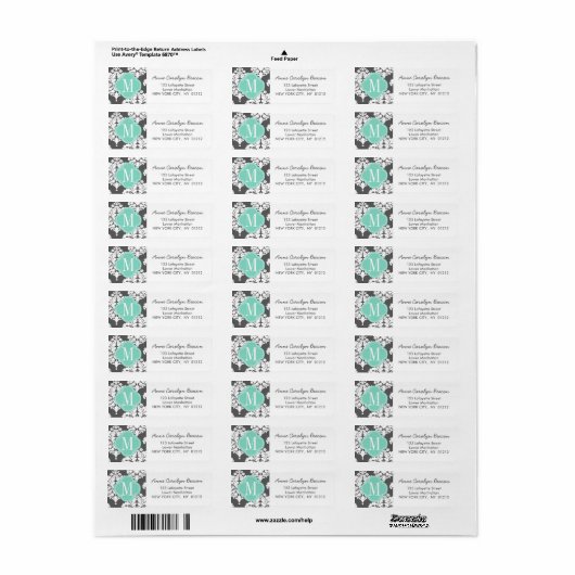 Elegante Damast Charcoal & Aqua Custom Monogrammed Etiket (Full Sheet)