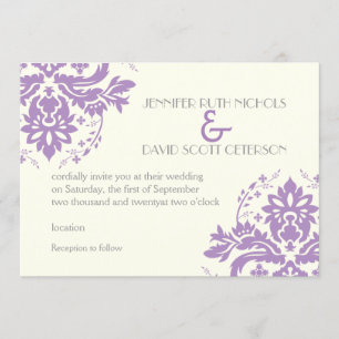 Elegante damast lavendel, grijs, ivoor bruiloft kaart