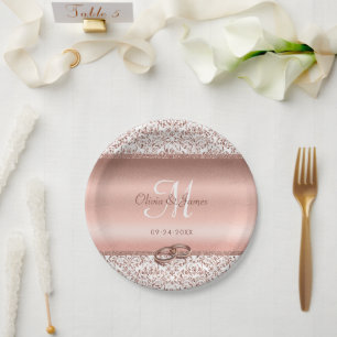 Elegante Damast Roze Gouden Monogram Bruiloft Papieren Bordje