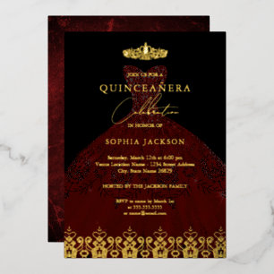 Elegante Damast Tiara Rood Gouden Quinceanera Folie Uitnodiging