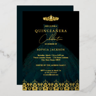 Elegante Damast Tiara Smaragd Goud Quinceanera   Folie Uitnodiging
