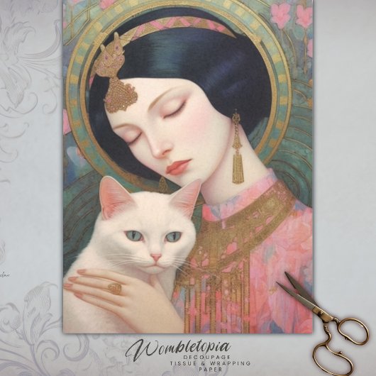 Elegante Dame en Feline I Art Nouveau Decoupage Tissuepapier