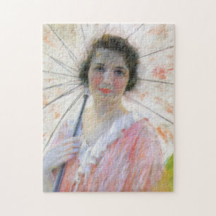 Elegante dame in een roze jurk met een parasol legpuzzel