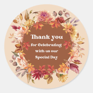 Elegante dank u botanische bloemen herfst bruiloft ronde sticker