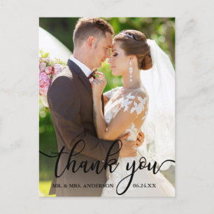 Elegante Dank U Zwarte Script Trouwfoto Briefkaart