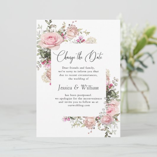 Elegante datumwijziging Rozen Huwelijksaankondigin Kaart (Staand voorkant)