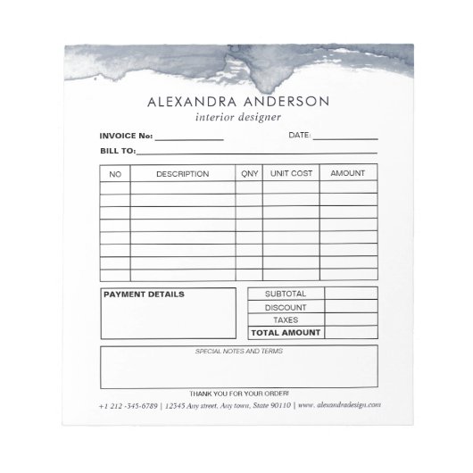 Elegante Deep Grey Waterverf Minimal Invoice Notitieblok (Voorkant)