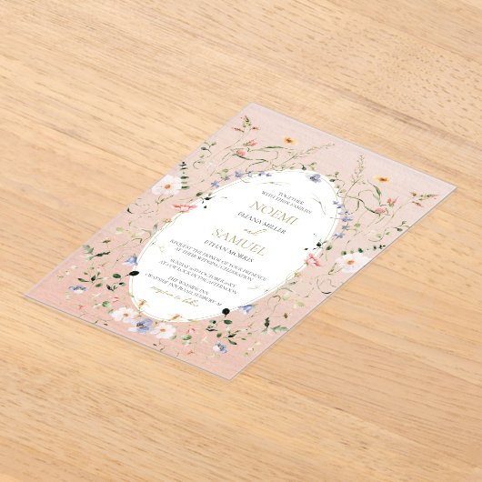 Elegante Delicate Waterverf Wildflower bruiloft in Acryl Uitnodigingen (Laagn)