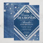 Elegante Denim en Diamanten Verjaardagsuitnodiging Kaart (Voorkant / Achterkant)