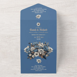Elegante denim & marineblauwe bloemstuk aangepaste all in one uitnodiging